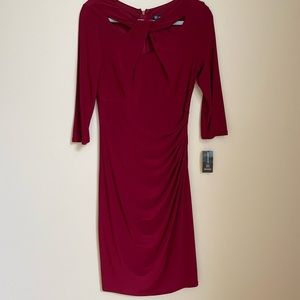 INC red dress with ruched back and cutout neckline , size 12